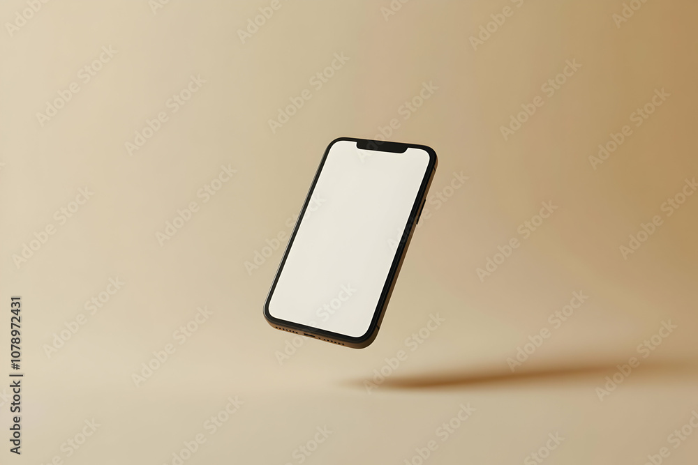 Black smartphone with blank screen floating above a beige background with a shadow. Black smartphone with blank screen floating above a beige background with a shadow.