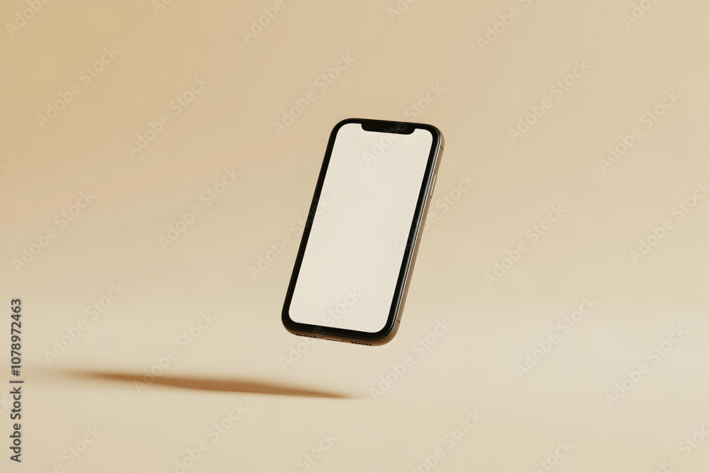 Black smartphone with blank screen floating in mid-air over light beige background. Black smartphone with blank screen floating in mid-air over light beige background.