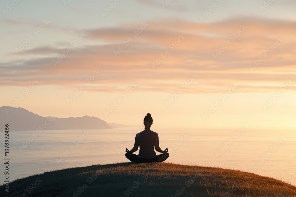 Silhouette of a person meditating in lotus position on a hilltop during sunrise, overlooking the calm ocean Silhouette of a person meditating in lotus position on a hilltop during sunrise, overlooking the calm ocean