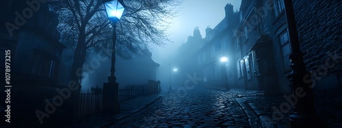 A street in the Victorian era of London, a dark and sinister alleyway at night, cobblestone streets with brick buildings
