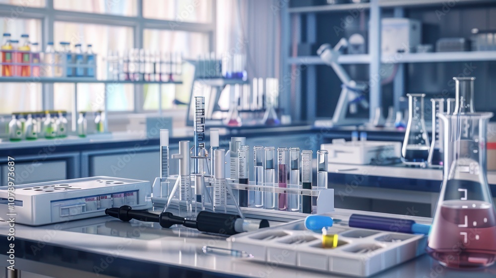 A set of neatly organized lab equipment on a table in a science classroom
