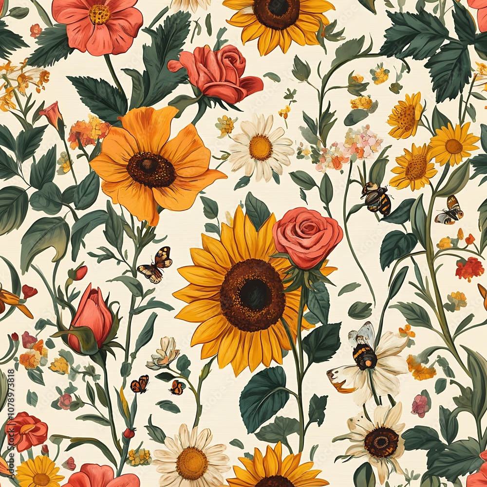 a close up of a flower pattern with a butterfly and flowers a close up of a flower pattern with a butterfly and flowers