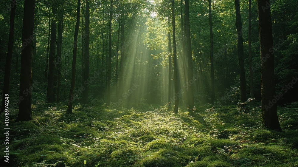 Sunlight streams through trees in a serene forest scene. Sunlight streams through trees in a serene forest scene.