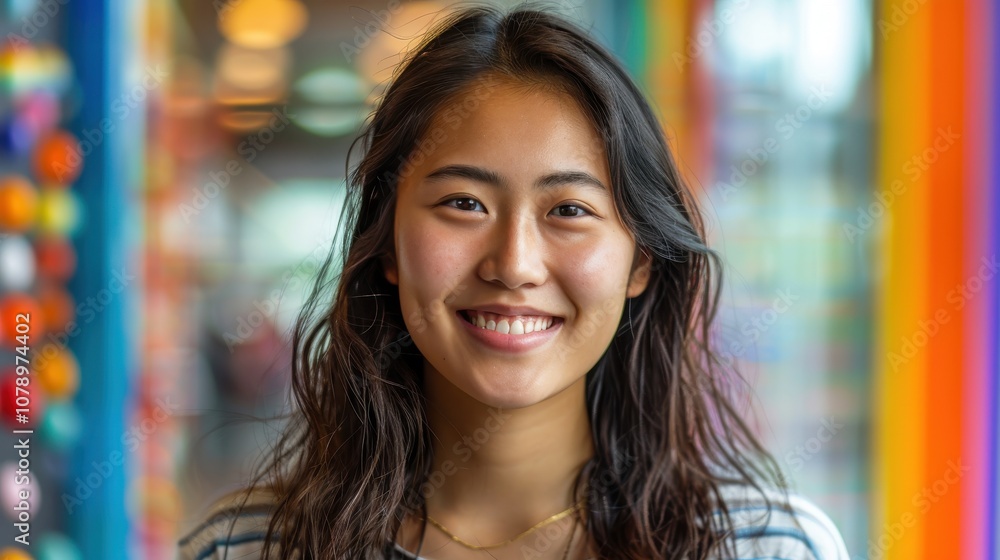 A determined Asian female student stands amidst vibrant colors, embodying focus and ambition in her educational journey A determined Asian female student stands amidst vibrant colors, embodying focus and ambition in her educational journey