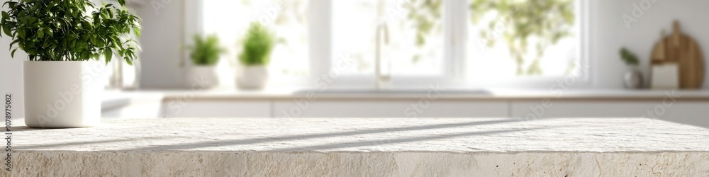 Empty stone table in bright home interior with large windows, banner mockup background with copy space Empty stone table in bright home interior with large windows, banner mockup background with copy space