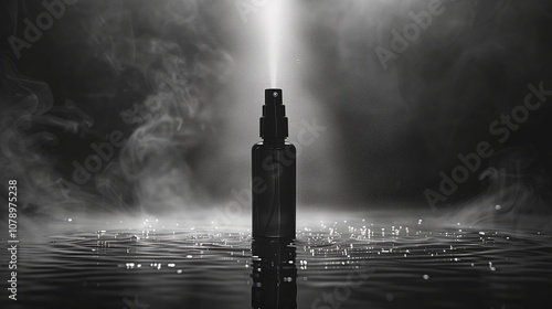 A striking black and white advertisement presents a spray bottle, its mist creating an ethereal atmosphere. Reflections on water enhance the dramatic effect, emphasizing the product's elegance photo