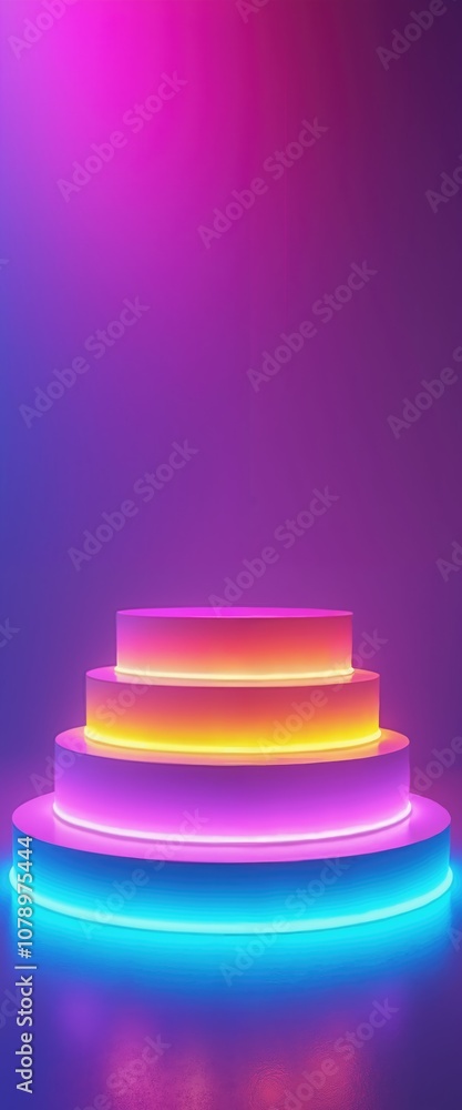 Abstract multi-level platform with neon lights in blue, pink, and yellow on a gradient background. 3D podium scene for product display and branding. Design for poster, banner, wallpaper, and header. Abstract multi-level platform with neon lights in blue, pink, and yellow on a gradient background. 3D podium scene for product display and branding. Design for poster, banner, wallpaper, and header.