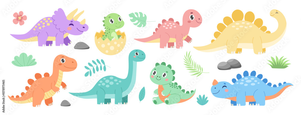 A group of cartoon dinosaurs with one of them sitting on a rock. The dinosaurs are of different sizes and colors A group of cartoon dinosaurs with one of them sitting on a rock. The dinosaurs are of different sizes and colors
