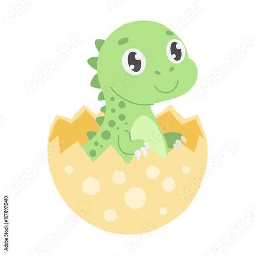 A green dinosaur is sitting in an egg. The dinosaur is smiling. The egg is yellow. The dinosaur is looking at the camera
