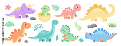 A group of cartoon dinosaurs with one of them sitting on a rock. The dinosaurs are of different sizes and colors