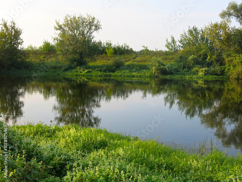 summer Moscow River at sunset in the region