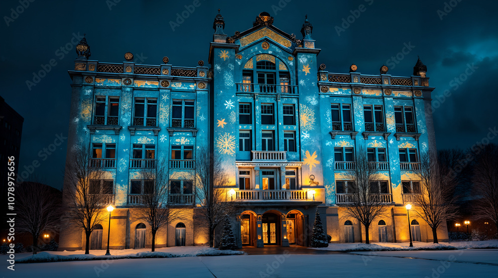 Naklejka premium An Impressive Fusion of Architecture and Holiday Branding with Stunning Illumination and Dynamic Seasonal Motifs