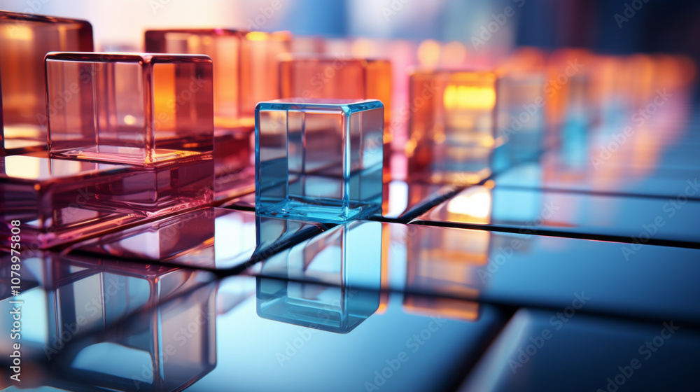 Abstract background of reflective neon purple, blue and orange glass cubes with copy space Abstract background of reflective neon purple, blue and orange glass cubes with copy space