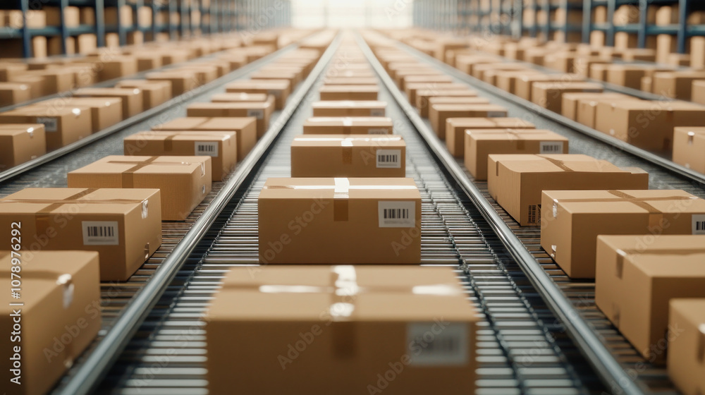 Boxes lined up on conveyor in busy dispatch company warehouse during daytime. Generative AI Boxes lined up on conveyor in busy dispatch company warehouse during daytime. Generative AI