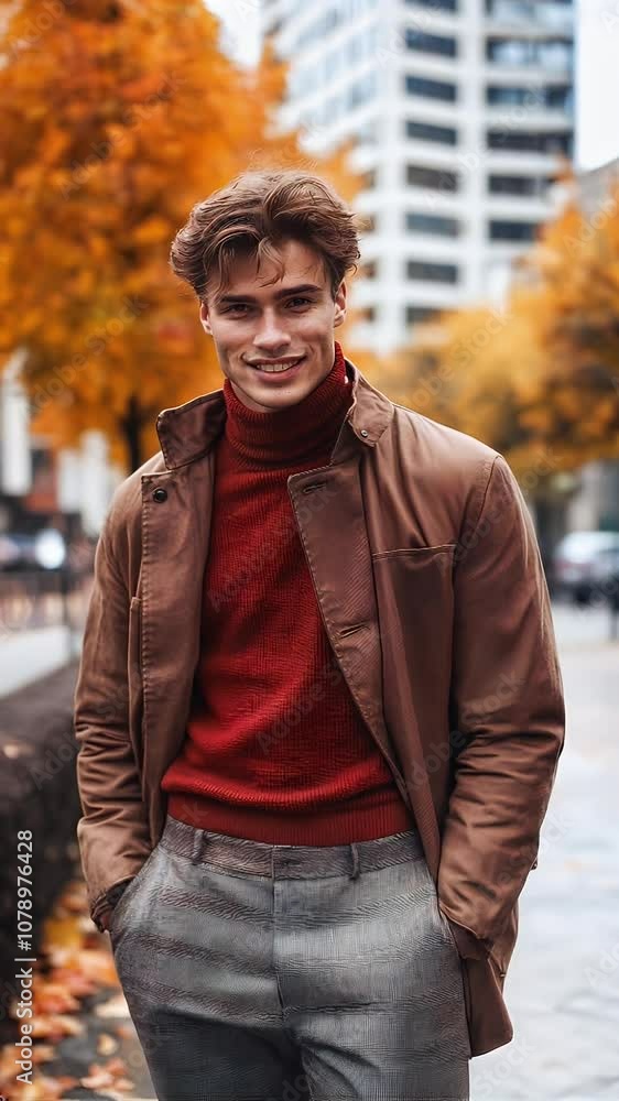 Portrait of a handsome young man in urban style, looking modern and confident on an autumn day. Portrait of a handsome young man in urban style, looking modern and confident on an autumn day.