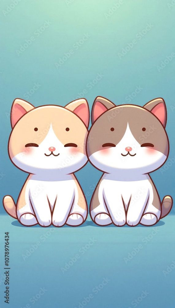 Fototapeta premium Two adorable cartoon cats smiling, sitting together on a blue background