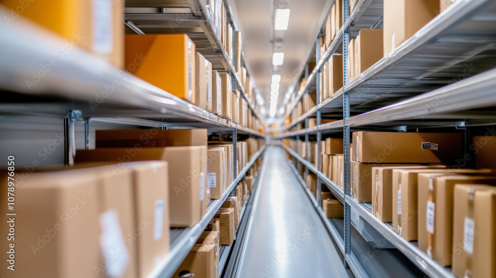 Boxes neatly arranged on shelves in a dispatch warehouse showcasing efficient storage. Generative AI Boxes neatly arranged on shelves in a dispatch warehouse showcasing efficient storage. Generative AI