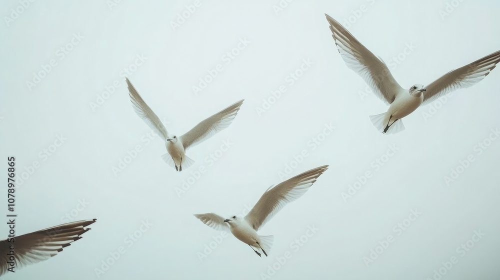 Obraz premium A clean, minimalistic photo of birds in flight against a white backdrop. 