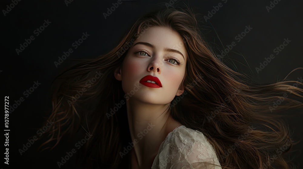 Naklejka premium Elegant Woman with Flowing Hair and Red Lips