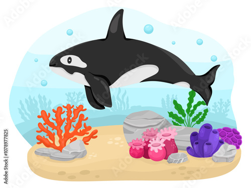 Cute underwater scene with underwater world and sea cartoon animal killer whale, corals. Kawaii baby animal for kids, bright illustration