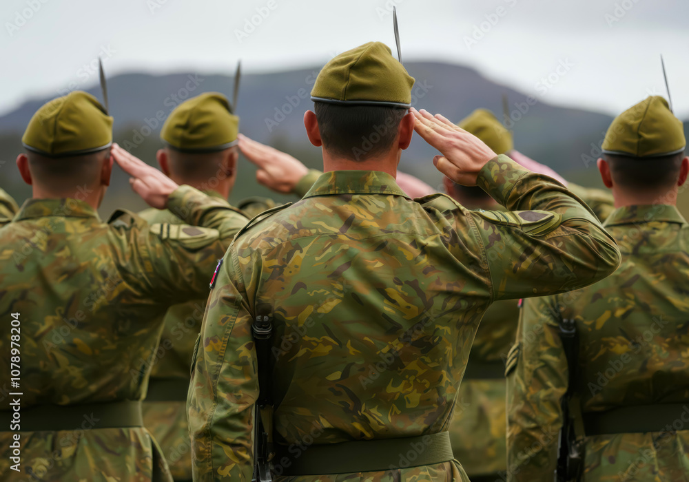 New Zealander soldiers giving salute during ceremony military, glory and honor, dignified military uniform New Zealander soldiers giving salute during ceremony military, glory and honor, dignified military uniform