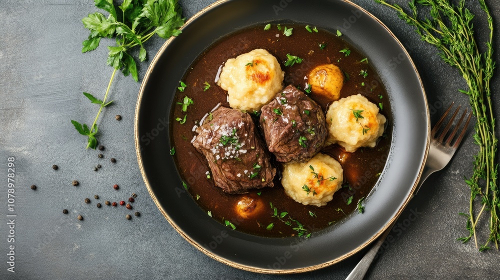 Delicious Beef Dish with Dumplings and Herbs Delicious Beef Dish with Dumplings and Herbs