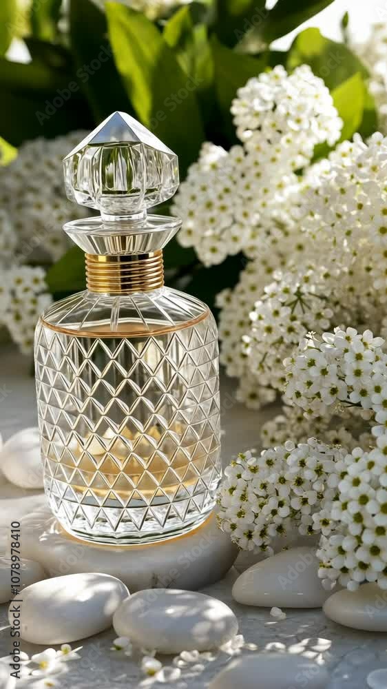 A clear glass bottle with a gold band sits on white stones surrounded by white flowers A clear glass bottle with a gold band sits on white stones surrounded by white flowers