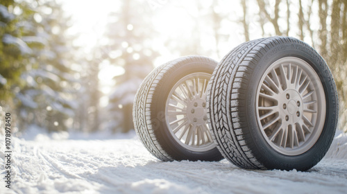 Car tires on snowy forest road with sunlight, winter tires replacing service concept, copy space banner background