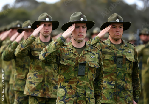 New Zealander soldiers giving salute during ceremony military, glory and honor, dignified military uniform