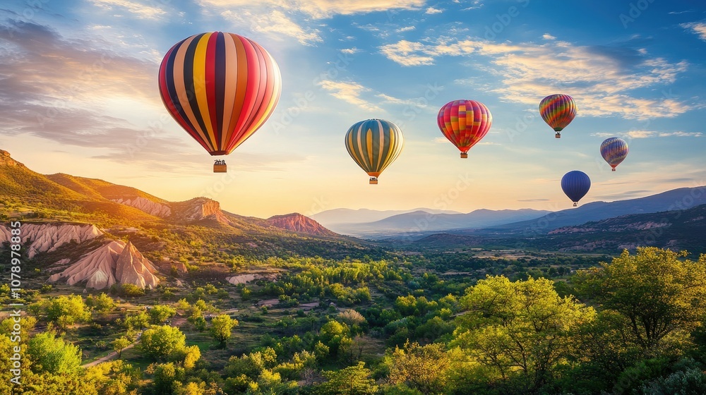 Fototapeta premium Colorful Hot Air Balloons Over Scenic Landscape