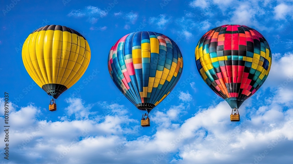 Naklejka premium Colorful Hot Air Balloons in Bright Blue Sky