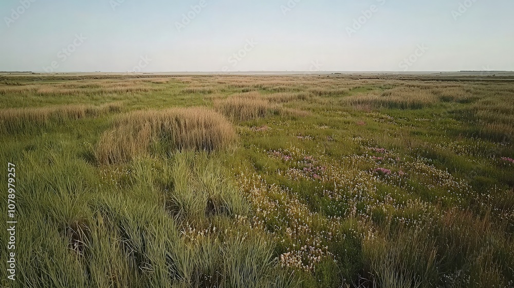 A vast field of tall grass and wildflowers under a clear blue sky. A vast field of tall grass and wildflowers under a clear blue sky.