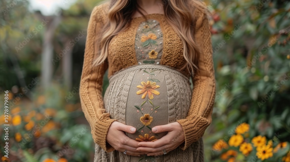 Obraz premium Pregnant woman in garden with sunflower dress, serene ambiance with blooming flowers and fruit tree in background.