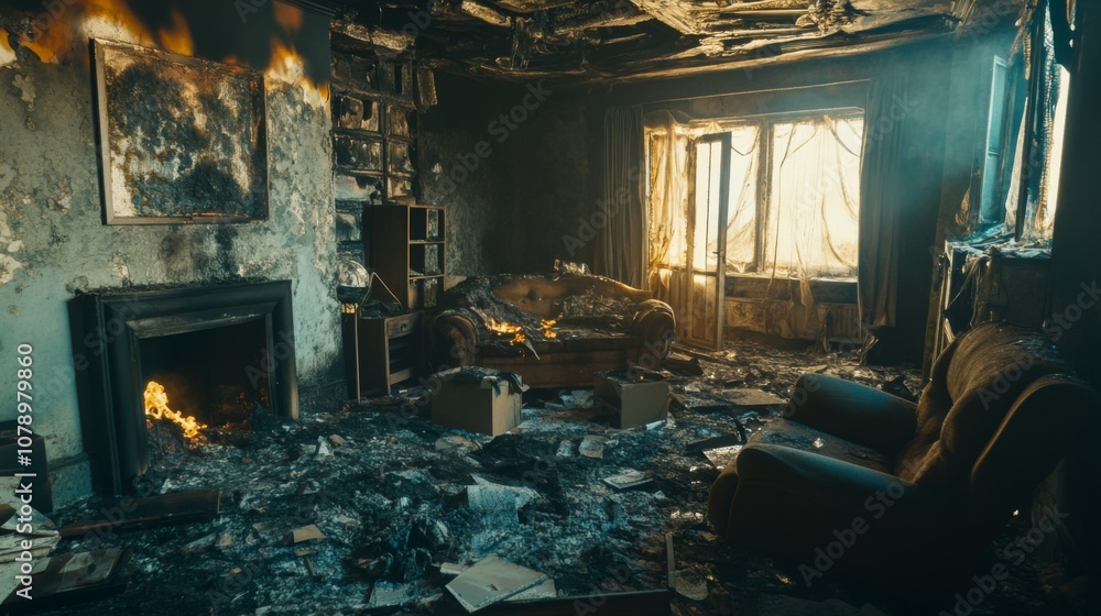 interior of room damaged by fire interior of room damaged by fire