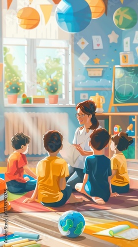 A vibrant classroom scene with teacher, kids, and interactive elements promotes engaging and playful learning environment, enriched with educational decor.