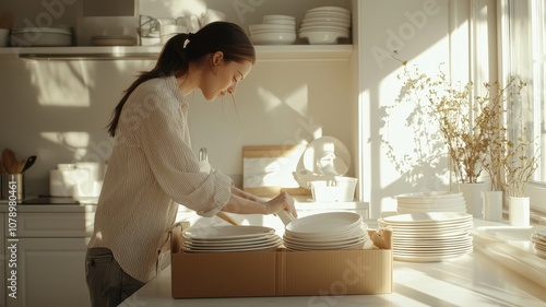 Woman Unpacking Plates in Bright Kitchen photo