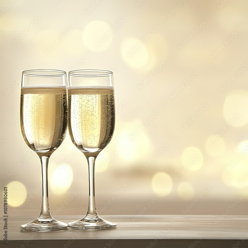 Golden bokeh background with two champagne glasses toasting Christmas, New Year on a wooden table. Copy space... Golden bokeh background with two champagne glasses toasting Christmas, New Year on a wooden table. Copy space...