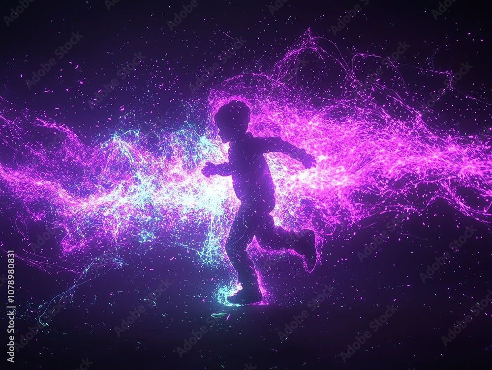 Silhouette of a child running through vibrant digital light trails. Silhouette of a child running through vibrant digital light trails.