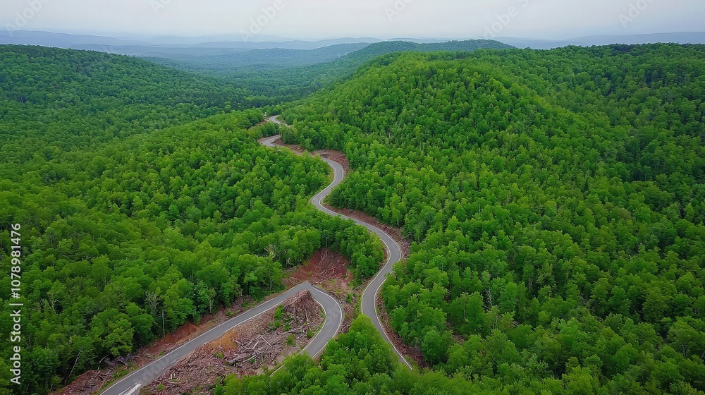 A winding paved road snakes through a dense, lush green forest, seen from an aerial perspective. A winding paved road snakes through a dense, lush green forest, seen from an aerial perspective.