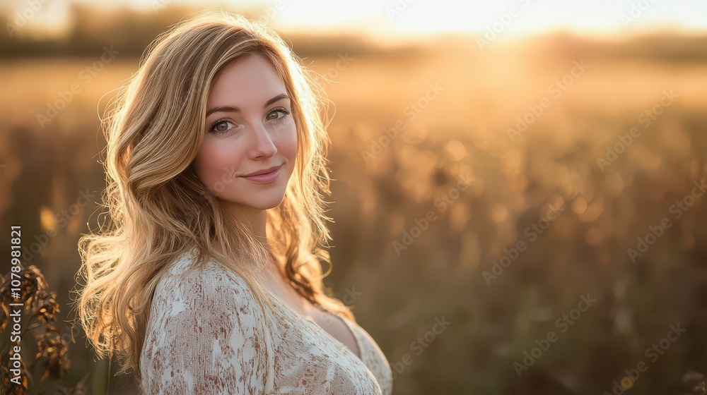 Serene Woman Smiling in Sunlit Field Serene Woman Smiling in Sunlit Field