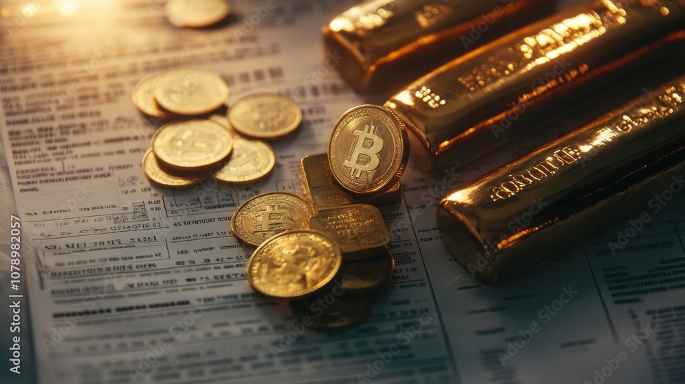 Coins and bars of gold on a tax document backdrop Coins and bars of gold on a tax document backdrop