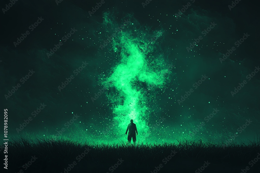 Fototapeta premium Silhouette against magical green flames in a mystical night landscape.