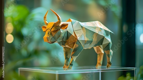 Origami - Folding paper in the shape of Taurus (born between April 20 and May 20) The message is that even though it is just paper, if you try your best, it can lift you up on a pedestal gracefully. photo