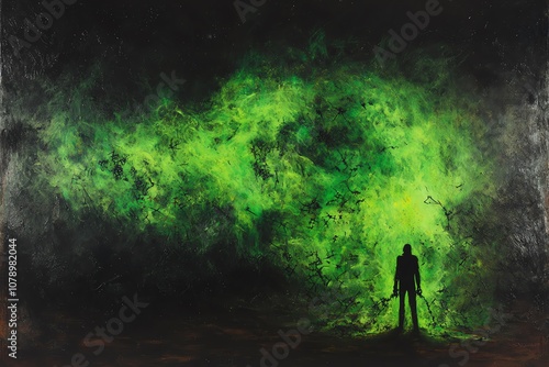 Silhouette against vibrant green mist, evoking mystery and introspection.