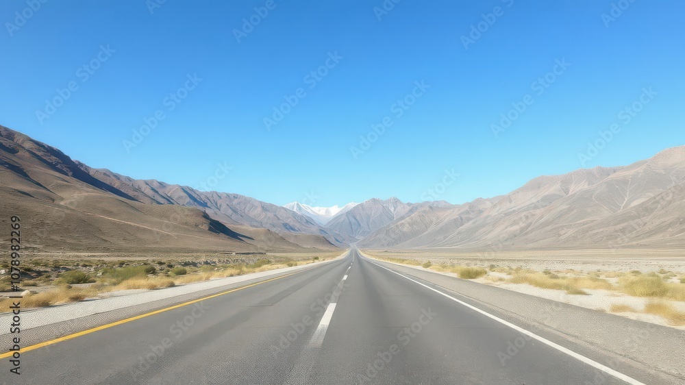 Empty highway running through breathtaking mountain landscape under a clear blue sky, empty, outdoors Empty highway running through breathtaking mountain landscape under a clear blue sky, empty, outdoors