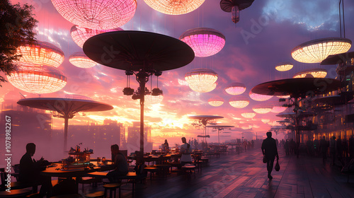 Suspended street food market, hover-tables with force field umbrellas, cloud-level lounges, iridescent dusk photo