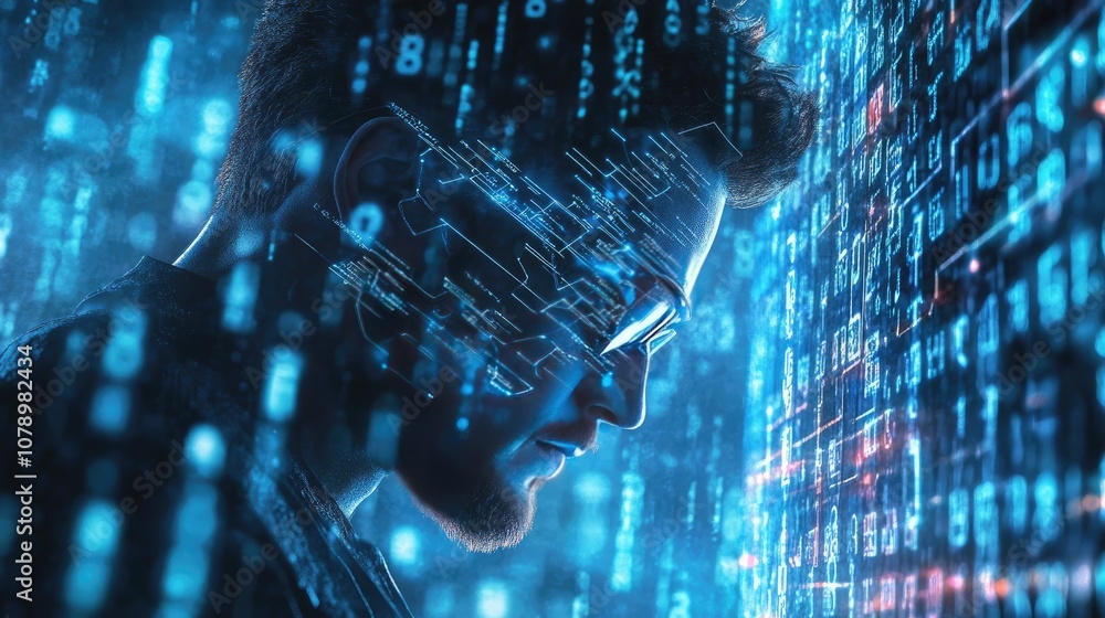 A thoughtful male with glasses immersed in a digital world, featuring ...