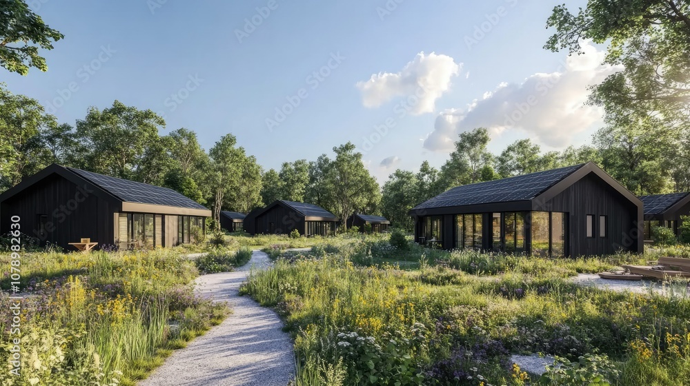 Serene Cabins in Lush Nature Landscape Serene Cabins in Lush Nature Landscape