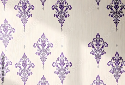 Baroque-style wallpaper is richly adorned with royal purple and silver damask patterns, set against an elegant off-white background that adds depth and texture to the scene. photo