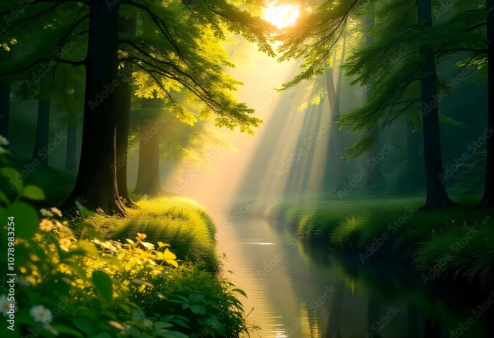 Obraz premium A lush summer scene depicting a dense forest full of green foliage, dappled sunlight filtering through the leaves, and a calm river running through the landscape.